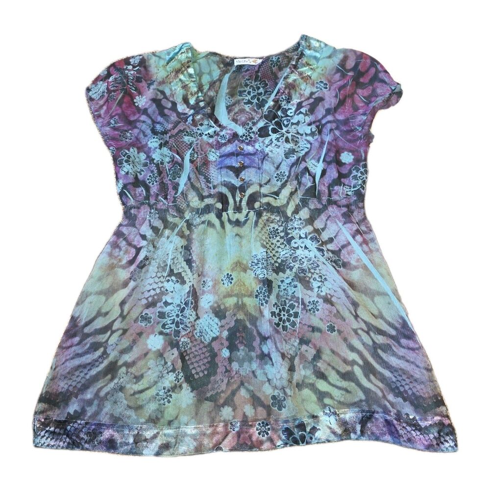 UNITY WORLD WEAR Sz XL Purple Teal Tiger Tie Dye Fairy Whimsy Boho Blouse Top